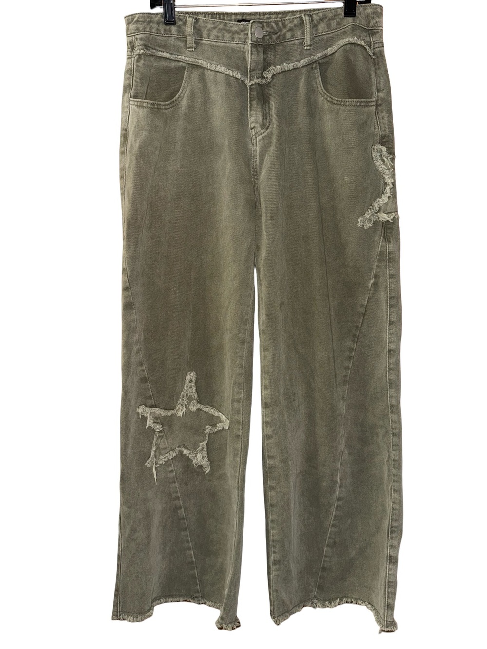 Hot Topic Olive Green Distressed Star Wide Leg Pants Jeans sz Large 11/13